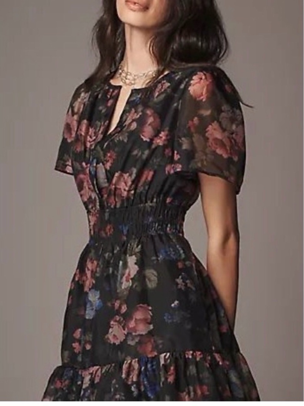 By Anthropologie Floral Mini Dress M Black Sheer Puff Sleeve Tiered Romantic